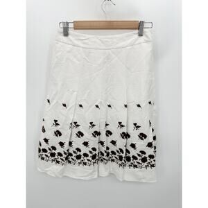 Ann Taylor Factory Women White Brown Embroidered Linen Blend Skirt Size 0 Modest